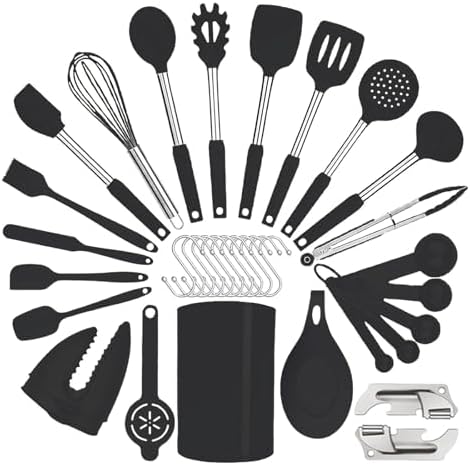 Silicone Kitchen Cooking Utensils Set with Stainless Steel Handle, Spatula Set Utensil Set, Cooking Utensil Set,Kitchen Tools Gadgets for Nonstick Cookware (35, Black)