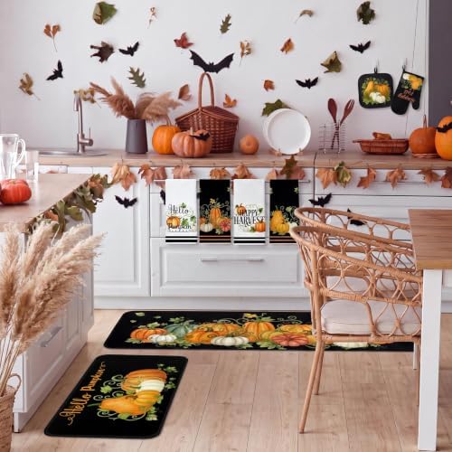 Fanfanwin 10 Pcs Fall Pumpkin Kitchen Decor Set Black Kitchen Rugs Set
