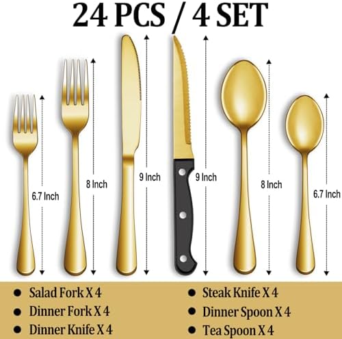 24 Pcs Gold Silverware Set with Steak Knives, Stainless Steel Flatware Cutlery Set for 4, Kitchen Tableware Sets, Utensil Sets for Home and Restaurant, Dishwasher Safe