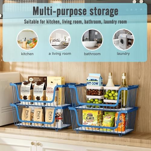 4 Pcs Stackable Wire Baskets for Pantry Organizers and Storage,blue,