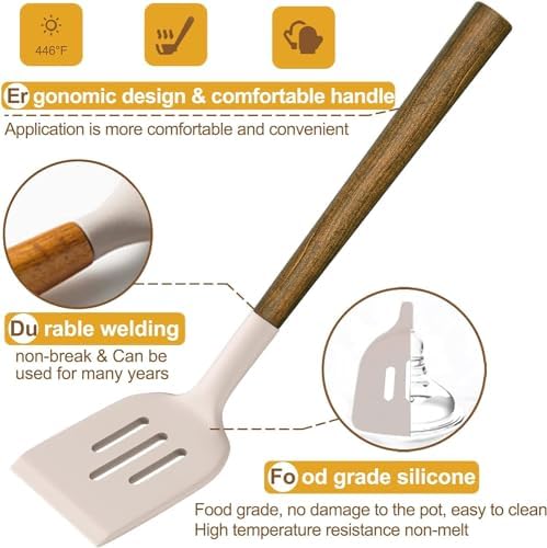 Silicone Cooking Utensil Set,Umite Chef 8-Piece Kitchen Utensils Set with Natural Acacia Wooden Handles, Silicone Kitchen Gadgets and Spatula Set for Nonstick Cookware - Khaki