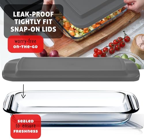 EATEX 8-Piece Deep Glass Casserole Dishes for Oven with Plastic lids, Rectangular Glass Baking Dish Set, Baking Pans for Lasagna, Leftovers, Cooking, Kitchen, Freezer-to-Oven and Dishwasher, Gray
