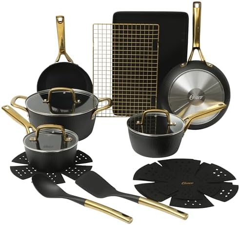 Oster Platinum Abbottsford 16 Piece Aluminum Pots and Pans PFA Free Ceramic Non stick Induction Kitchen Cookware Set - Black W/Gold