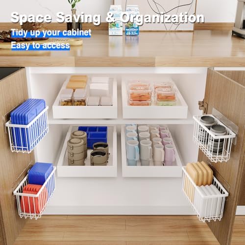 Mustorn 3 Pack Adhesive Cabinet Door Organizer, Lid Organizers Inside Cabinet Food Container/Tumbler Lid Organizer and Storage Cup Lids Holder for Kitchen & Bathroom Wall Mounted(White)