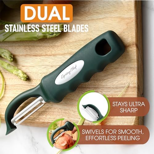 Spring Chef Potato Peeler for Kitchen with Soft Grip Handle, Pine Green