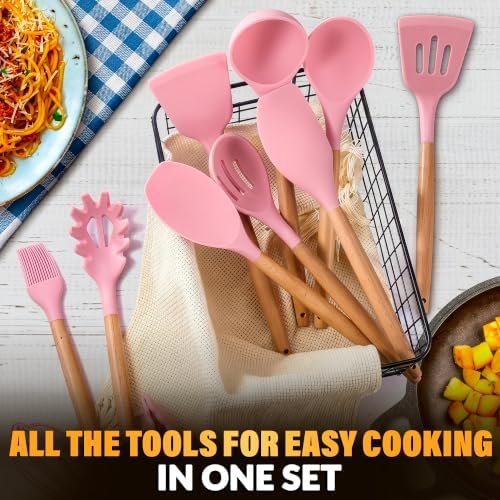 12 Pcs Pink Cooking Utensils Set with Holder for Nonstick Cookware
