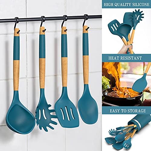 33 PCS Silicone Kitchen Utensils Set, Umite Chef Heat Resistant Cooking Utensils Set With Holder, Wooden Handle Kitchen Gadgets Tools Spatula for Nonstick Cookware