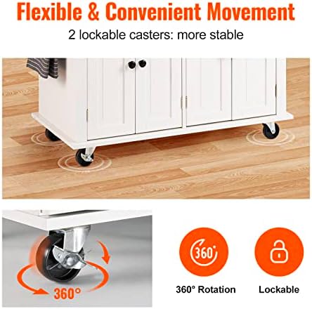 VEVOR Kitchen Island Cart with Solid Wood Top, 35.4" Width Mobile Carts with Storage Cabinet, Rolling Kitchen Table with Spice Rack, Towel Rack, and Drawer, Portable Islands on Wheels, White