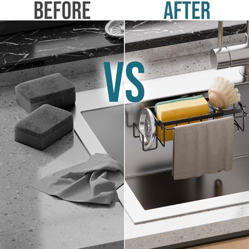 TAILI 4-in-1 Sponge Holder for Kitchen Sink with Strong Suction Cup-Black