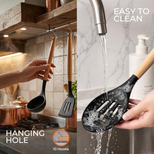 33 Pcs Silicone Kitchen Cooking Utensils Set, Wood Handle & Holder