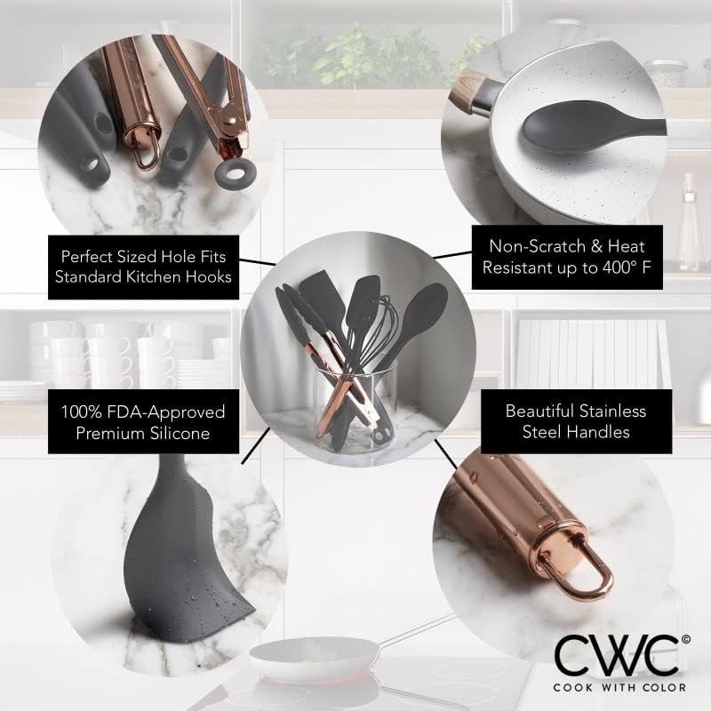 COOK WITH COLOR Silicone Cooking Utensils, Kitchen Utensil Set, Easy to Clean Silicone Kitchen Utensils, Cooking Utensils for Nonstick Cookware, Kitchen Gadgets Set, Standard, Gray
