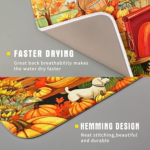 Autumn Pumpkin Red Truck Dish Drying Mat for Kitchen Counter,Fall Leaves Sunflower Cue Dog Harvest Drying Mat 16 x 18 Inch Microfiber Dish Drying Pad Dish Rack Drainer Mat for Coffee Bar
