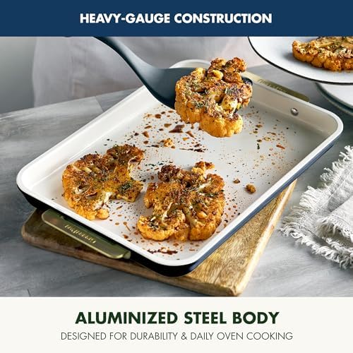 GreenPan Bakeware 13" x 9" Quarter Sheet Pan, Ceramic Nonstick Baking Pan, PFAS & BPA Free, Gold Handles, Durable Steel, Versatile & Space Saving Ovenware, Freezer to Oven Dish, Oxford Blue