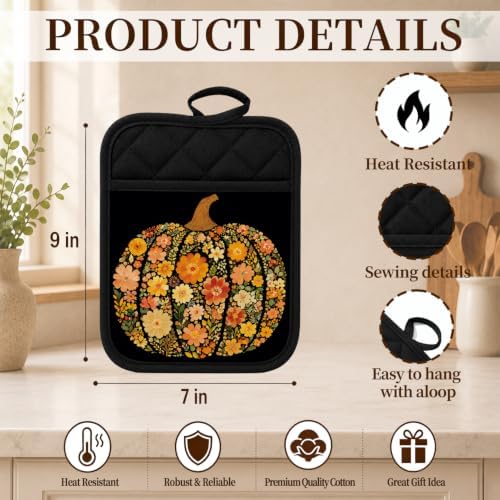 Boho Floral Pumpkin Fall Pot Holders for Kitchen 2 Pack Set