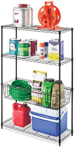Whitmor 4-Wire Shelving Unit, Metal Storage Shelves with Basket, Easy Assembly Home Organizer for Pantry, Kitchen, Garage, Plant