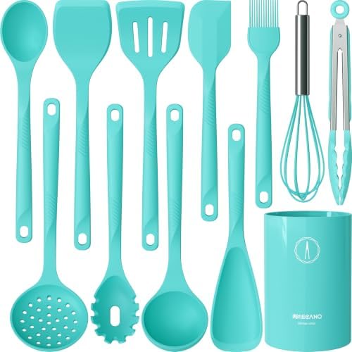 Silicone Cooking Utensils Set - 600°F Heat Resistant, Nonstick Kitchen Utensil Set with Spatulas, Spoons, Whisk, Tongs, BPA Free, Dishwasher Safe (Teal)