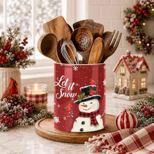 Christmas Snowman Kitchen Utensil Holder, Let It Snow Large Ceramic Utensil Holder For Countertop Organizer, 6.3'' Winter Cooking Utensil Crocks Festivel Decor Utensil Storage Cup for Kitchen