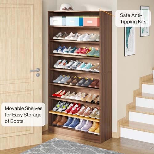 Tribesigns Tall Shoe Cabinet, 9 Tiers 40-45 Pairs Heavy Duty Wood Freestanding Shoe Storage Cabinet, 70.8'' Tall Shoe Cabinet with Open Storage for Entryway (1, Brown)