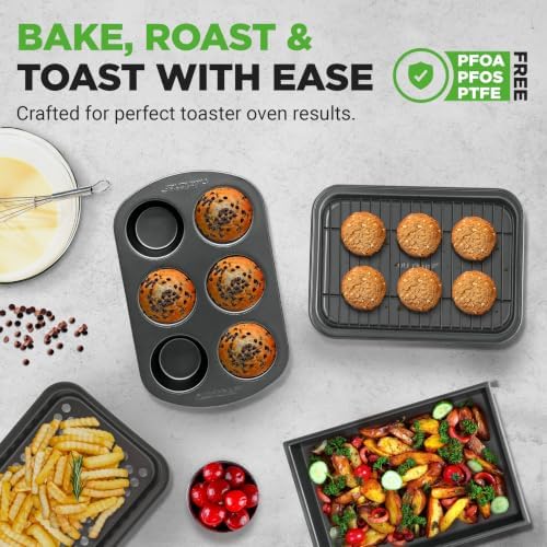 NutriChef 6-Piece Toaster Oven Bakeware Set, Compact Non-Stick Stackable Baking Pan Set with Muffin Pans, Roasting Tray & Baking Sheets, Durable Stain-Resistant Carbon Steel Design for Toaster Ovens