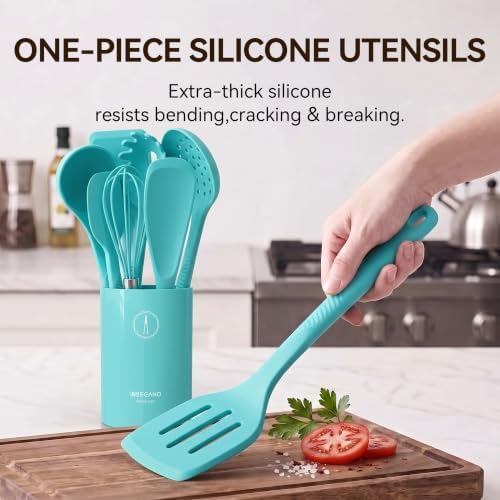 Silicone Cooking Utensils Set - 600°F Heat Resistant, Nonstick Kitchen Utensil Set with Spatulas, Spoons, Whisk, Tongs, BPA Free, Dishwasher Safe (Teal)