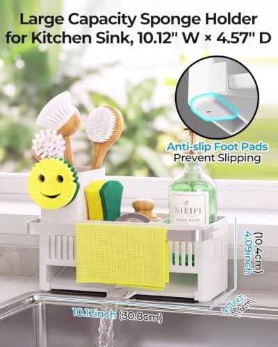 Nieifi Sponge Holder, White Rustproof ABS Sink Caddy with Towel Rack