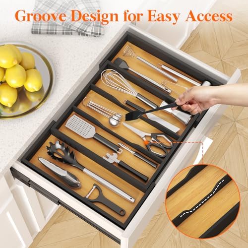 Lifewit Bamboo Utensil Organizer for Kitchen Drawer, Cooking Utensil Tray