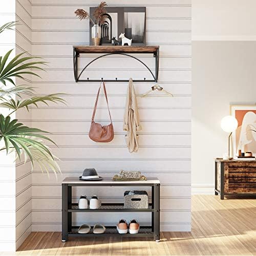 VASAGLE 3-Tier Shoe Rack, Storage Bench with Metal Mesh Shelves and Seat