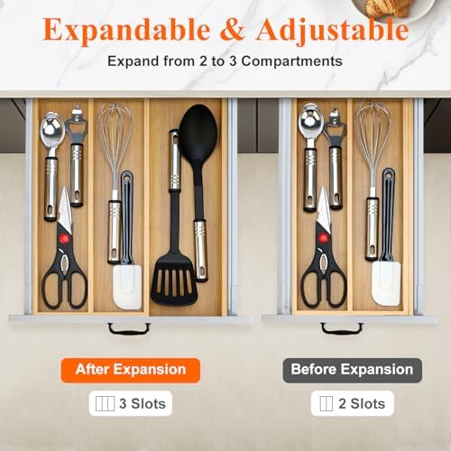 Large Bamboo Kitchen Utensil Drawer Organizer Expandable Silverware Tray