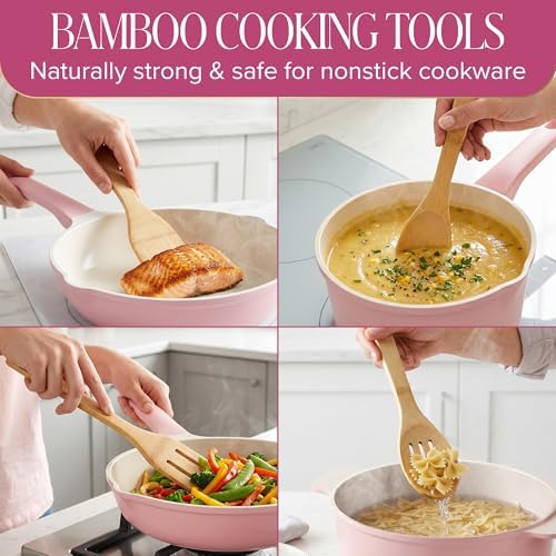 Paris Hilton Kitchen Utensils Tool Crock Set, Bamboo Cooking Tools with Gold-Finish Stainless Steel Whisk and Ceramic Stoneware Utensil Holder, Gingham Design, 7-Piece, Pink