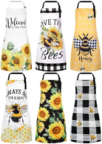 Bencailor 6 Pcs Sunflower Bee Aprons for Women with Pockets, Waterproof