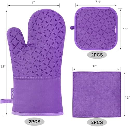 KEGOUU Oven Mitts and Pot Holders 6pcs Set, Kitchen Oven Glove High Heat Resistant 500 Degree Extra Long Oven Mitts and Potholder with Non-Slip Silicone Surface for Cooking (Purple)