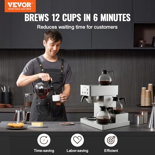 VEVOR Commercial Drip Coffee Maker, 12 Cups Coffee-Maker Machine with 4 Glass Carafes and 4 Decanter Warmer Plates, Stainless Steel Drip Style Coffee Brewer, for Restaurant, Office, Coffee Shop & Home