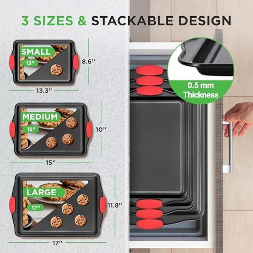 NutriChef 3-Piece Cookie Sheets for Baking, Non-Stick Baking Pans Set with Silicone Handles, Stackable Oven Trays in Small, Medium & Large Sizes for Professional and Everyday Use, 2026 Edition