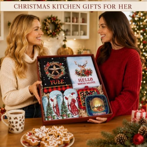 FoldTier 6 Pcs Yule Kitchen Decor Set Christmas Towel Pot Holder Oven Mitts