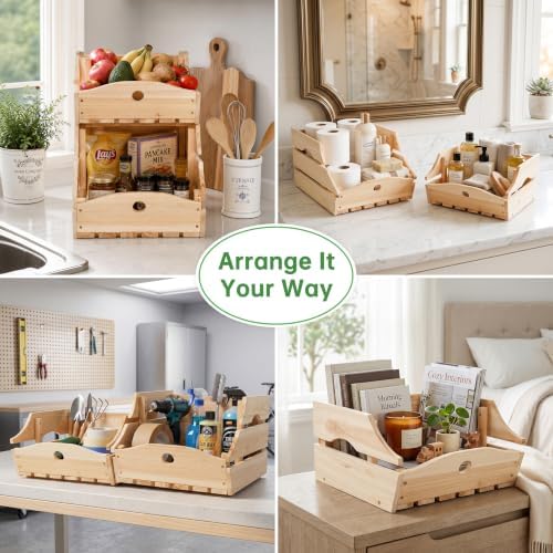 Stackable Wooden Storage Bins, Kitchen Counter Organizer with Handles, Produce Basket for Fruits, Vegetables, Potatoes, Onions, Snacks and Pantry Organization - 2 Piece
