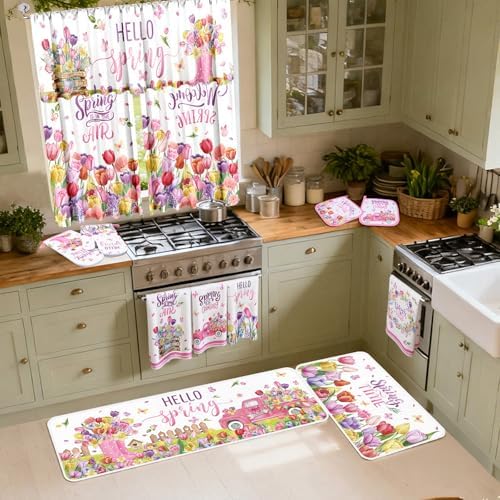 13 Pcs Hello Spring Kitchen Decor Set 3 Floral Kitchen Curtains Valance 2 Tulip Rugs and Mats 4 Spring Hand Towels 2 Paste Pot Holders 2 Oven Mitts for Home Decor Cooking Grilling Housewarming Gift