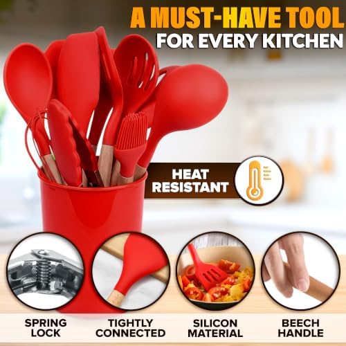 12 Pcs Red Kitchen Accessories with Holder for Nonstick Cookware