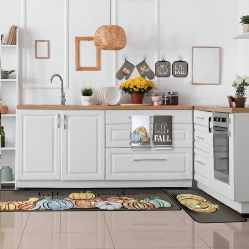 Fanfanwin 10 Pcs Fall Pumpkin Kitchen Decor Set Kitchen Towels Pot Holders Oven Mitts and Rugs Set Thanksgiving Towels for Baking Cooking BBQ Autumn Home(Minimalist Style Pumpkin,Light Brown,10)