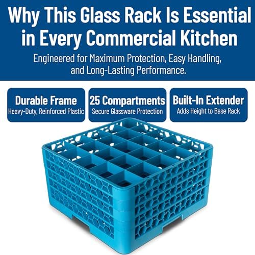 Carlisle FoodService Products RG25-414 OptiClean 25 Compartment Glass Rack with 4 Extenders, 3-1/2" Compartments, Blue (Pack of 2)