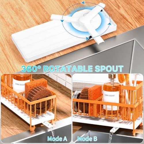 Cisily Sponge Holder for Kitchen Sink, Sink Caddy Organizer with High Brush Holder, Kitchen Countertop Organizers and Storage Essentials (Orange, 9.25″)
