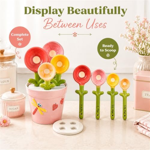 Cute Flower Ceramic Measuring Spoons Set with Base, Kitchen Decorate Gifts