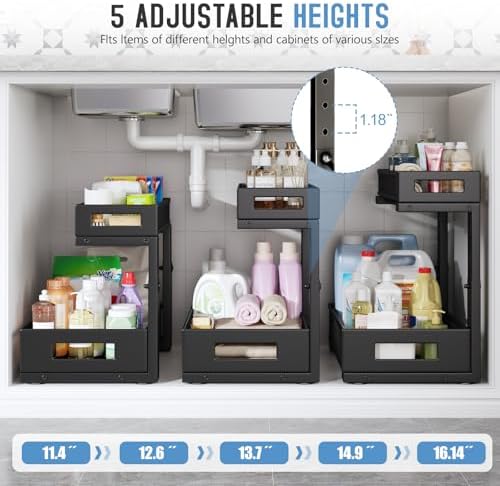 1 Pack-11.4"-16.14"H Under Sink Storage Organizer, Large 2-Tier Elegant Mesh Pull Out Shelf for Kitchen and Bathroom Cabinet Organization, L-Shaped and Adjustable Height Design for Maximum Space-Black
