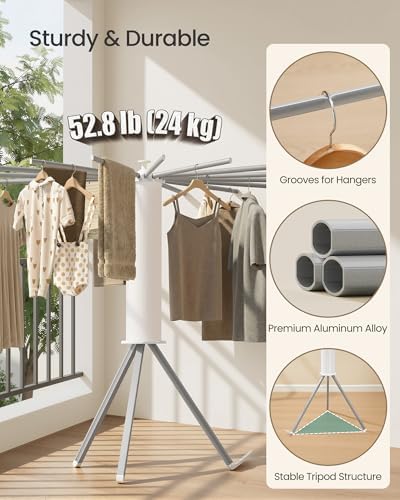 SONGMICS Drying Rack, Foldable Rotary Tripod, 16 Pull-Out Aluminum Arms