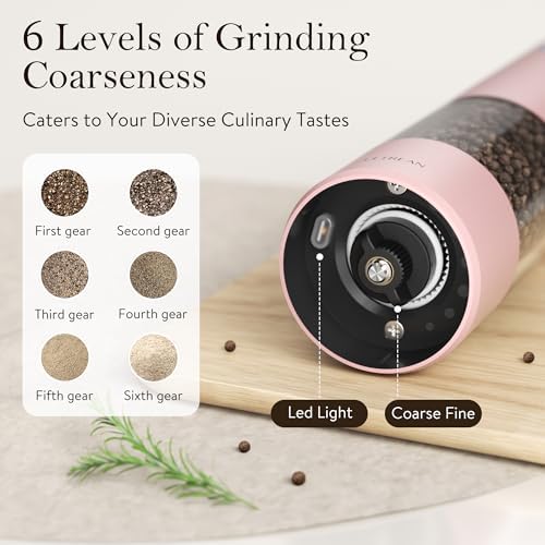Ultrean Electric Salt and Pepper Grinder Set, Rechargeable,Pink
