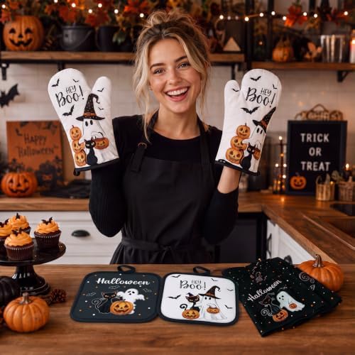 FoldTier 6 Pcs Halloween Kitchen Decoration Set Towel Pot Holder Oven Mitt