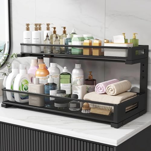 2 Pack 20.47IN Depth Under Sink Storage Organizer, Large 2-Tier Elegant Mesh Pull Out Shelf for Kitchen and Bathroom Cabinet Organization, L-Shaped and Adjustable Height Design-Black