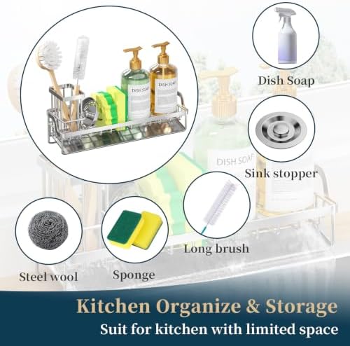 Consumest Sponge Holder for Kitchen Sink - Sink Caddy with Stainless Steel Self Drain Tray, Sink Organizer with High Brush Holder Countertop for Kitchen Sink Accessories, Silver-Extra Large
