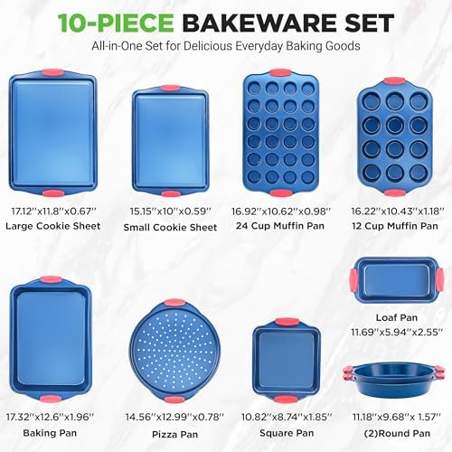 NutriChef 10-Piece Nonstick Bakeware Set - Deluxe Carbon Steel with Blue Silicone Coating, Red Handles, Professional Grade Kitchen Essentials, Ideal for Baking Cakes, Cookies, and More (Blue)
