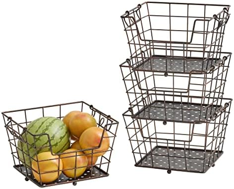 Mikasa Gourmet Basics Ferme 4-Tier Market Basket - Antique Black Wire and Acacia Wood Handle, Kitchen Fruit Vegetable Storage Organizer, 13.5 x 11.5 x 51 Inches