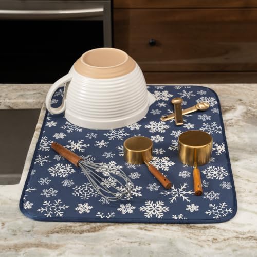 S&T INC. Dish Drying Mat, 18" x 24", XL, Blue Snowflakes